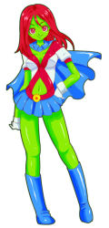 Rule 34 | 1girl, boots, breasts, cape, colored skin, dc comics, female focus, full body, gloves, green skin, hands on own hips, kikisuke t, long hair, midriff, miniskirt, miss martian, red eyes, red hair, simple background, skirt, solo, teen titans, white background