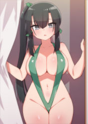 Rule 34 | 1girl, black hair, breasts, collarbone, commission, cowboy shot, green one-piece swimsuit, green ribbon, grey eyes, hair between eyes, hair ribbon, large breasts, long hair, navel, one-piece swimsuit, original, pixiv commission, ribbon, side ponytail, sidelocks, slingshot swimsuit, solo, standing, stroma, swimsuit