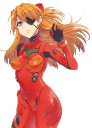 Rule 34 | 10s, 1girl, blue eyes, bodysuit, bracer, breasts, breasts apart, colored eyelashes, contrapposto, covered erect nipples, cowboy shot, evangelion: 3.0 you can (not) redo, eyepatch, floating hair, from side, gloves, hair between eyes, hand on own thigh, hand up, head tilt, headgear, impossible bodysuit, impossible clothes, long hair, looking at viewer, medium breasts, neon genesis evangelion, orange hair, parted lips, pilot suit, plugsuit, pochi (pochi-goya), rebuild of evangelion, simple background, skin tight, solo, souryuu asuka langley, standing, tape, turtleneck, two side up, white background