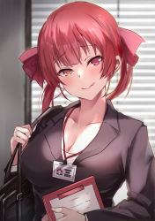 Rule 34 | 1girl, absurdres, akazawa kureha, alternate costume, bag, blush, breasts, cleavage, clipboard, handbag, heterochromia, highres, holding, holding bag, holding clipboard, hololive, houshou marine, id card, large breasts, looking at viewer, office lady, raised eyebrows, red eyes, red hair, solo, tongue, tongue out, twintails, upper body, virtual youtuber, yellow eyes