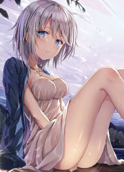 Rule 34 | 10s, 1girl, anastasia (idolmaster), between legs, blue eyes, breasts, cleavage, dress, glint, hand between legs, highres, idolmaster, idolmaster cinderella girls, jacket, jacket on shoulders, jewelry, looking at viewer, medium breasts, necklace, non-web source, outdoors, parted lips, pendant, rin yuu, silver hair, solo, strapless, wet, white dress