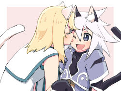 Rule 34 | 2boys, animal ears, azuma yukihiko, blonde hair, blue eyes, cat boy, cat ears, cat tail, genius sage, highres, licking, licking another&#039;s cheek, licking another&#039;s face, looking at another, male focus, medium hair, mithos yggdrasill, multiple boys, one eye closed, open mouth, tail, tales of (series), tales of symphonia, trap, white hair, yaoi