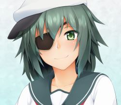 Rule 34 | 10s, 1girl, aqua background, bad id, bad pixiv id, commentary request, eyepatch, gradient background, green eyes, green hair, hat, kantai collection, kiso (kancolle), looking at viewer, matching hair/eyes, school uniform, serafuku, sideways hat, simple background, smile, solo, takaman (gaffe)