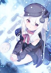 Rule 34 | 1girl, absurdres, cat tail, collar, commission, dress, highres, original, rabbit, red eyes, shiro9jira, skeb commission, snowing, tail, uniform, white hair