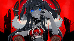Rule 34 | + +, .live, 1girl, absurdres, barbed wire, black collar, black nails, blue background, blue eyes, blue theme, chair, coat, collar, crown, unworn crown, finger to mouth, fur-trimmed coat, fur trim, grin, highres, holding, holding crown, kakyouin chieri, king (vocaloid), long hair, looking at viewer, nail polish, red theme, smile, solo, teeth, throne, two side up, user jhhp7477, virtual youtuber, vocaloid