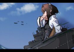 Rule 34 | 1girl, absurdres, aircraft, black border, border, brown eyes, brown hair, cloud, day, flat chest, flight deck, from side, hato kan, headgear, highres, holding, kantai collection, long sleeves, machinery, outdoors, profile, rigging, short hair, sky, solo, taihou (kancolle)