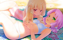 Rule 34 | 2girls, beach, bikini, blonde hair, blush, bow, breasts, cafe sourire, flower, gayarou, green eyes, hair bow, hibiscus, highres, long hair, looking at viewer, lying, mizushima kasumi, multiple girls, natsume eri, navel, ogiwara kyouko, on back, on side, one-piece swimsuit, parted bangs, pink hair, red eyes, short hair, small breasts, striped clothes, striped one-piece swimsuit, swimsuit, twintails, vertical-striped clothes, vertical-striped one-piece swimsuit