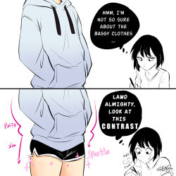 Rule 34 | 1girl, comic, commentary, dolphin shorts, drawing, english commentary, english text, frown, hands in pockets, head out of frame, highres, holding, holding pen, hood, hooded sweater, hoodie, original, pen, shiny skin, short hair, short shorts, shorts, signature, solo, sweat, sweater, sytochan (sytokun), sytokun, thighs, thought bubble