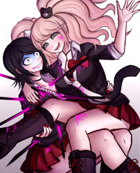 Rule 34 | 2girls, arm around neck, arm up, bear hair ornament, black choker, black footwear, black hair, black neckwear, blood, blood from mouth, blue eyes, boots, bow, breasts, choker, cleavage, collarbone, crazy eyes, cross-laced footwear, danganronpa: trigger happy havoc, danganronpa (series), enoshima junko, freckles, gradient background, grey background, grin, hair ornament, hand on another&#039;s hip, holding, ikusaba mukuro, impaled, knee boots, ktokei (kurokku-tokei), lace-up boots, large breasts, long hair, multiple girls, nail polish, necktie, official style, pink blood, pink hair, plaid, plaid skirt, red bow, red nails, red skirt, school uniform, shaded face, short hair, siblings, sisters, skirt, sleeves rolled up, smile, spoilers, teeth, twins, twintails, upper teeth only, white background, white neckwear