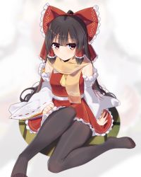 Rule 34 | 1girl, ascot, black hair, black pantyhose, bow, brown eyes, commentary request, ddt (darktrident), detached sleeves, full body, hair tubes, hakurei reimu, highres, long hair, looking at viewer, miniskirt, nontraditional miko, orange scarf, pantyhose, red bow, red skirt, red vest, scarf, sidelocks, sitting, skirt, solo, touhou, very long hair, vest, yellow ascot