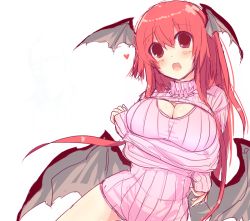 Rule 34 | 1girl, alternate costume, bat wings, breast hold, breasts, cleavage cutout, clothing cutout, demon girl, demon tail, dress, head wings, heart, koakuma, large breasts, long hair, looking at viewer, low wings, meme attire, open-chest sweater, open mouth, pandamonium, red eyes, red hair, ribbed sweater, sketch, solo, sweater, sweater dress, tail, touhou, turtleneck, when you see it, wings