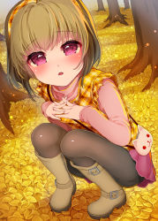 1girl autumn autumn_leaves boots brown_footwear chestnut_mouth child female_focus ginkgo_tree highres interlocked_fingers knee_boots original pantyhose plaid_clothes plaid_vest red_eyes short_hair solo squatting suzune_rai tree vest wide_hips