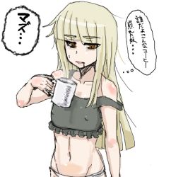 Rule 34 | 1girl, blonde hair, blunt bangs, body blush, breasts, collarbone, covered erect nipples, cup, grete m. gollob, groin, kunashiri (etorofu), long hair, looking down, lowres, mug, navel, open mouth, orange eyes, panties, simple background, small breasts, solo, sports bra, strap slip, strike witches, thought bubble, translated, underwear, underwear only, white background, white panties, world witches series