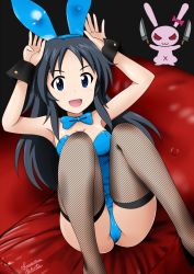 Rule 34 | 10s, 1girl, :3, :d, alternate costume, animal ears, armpits, ass, bare shoulders, black background, black footwear, black hair, blue bow, blue bowtie, blue eyes, blue leotard, blush, bow, bowtie, breasts, bunny ears gesture, cleavage, couch, crotch, detached collar, dual wielding, dutch angle, fake animal ears, fishnet thighhighs, fishnets, freckles, from above, girls und panzer, hairband, hands up, happy, high heels, highres, holding, holding knife, knees up, knife, leaning back, leotard, long hair, looking at viewer, medium breasts, navel, nekota susumu, no pupils, on couch, open mouth, parted bangs, playboy bunny, rabbit ears, rabbit pose, red eyes, shoes, sidelocks, signature, simple background, sitting, skindentation, smile, solo, strapless, strapless leotard, thighhighs, thighs, wrist cuffs, yamagou ayumi