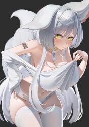 Rule 34 | 1girl, absurdres, animal ears, barcode, barcode tattoo, blush, breasts, choker, cleavage, closed mouth, commentary, commission, cowboy shot, grey hair, hand on own hip, hantata, highres, large breasts, long hair, long sleeves, looking at viewer, navel, original, panties, raised eyebrows, shoulder tattoo, side-tie panties, sidelocks, sleeves past wrists, solo, tattoo, thighhighs, underwear, white panties, white thighhighs, yellow choker, yellow eyes