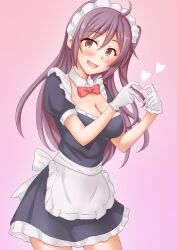 Rule 34 | 1girl, ahoge, alternate costume, anti (untea9), apron, black dress, blush, breasts, brown eyes, cleavage, cowboy shot, detached collar, dress, enmaided, gloves, gradient background, hagikaze (kancolle), heart, heart hands, highres, kantai collection, long hair, looking at viewer, maid, maid apron, maid headdress, medium breasts, neck ribbon, one side up, open mouth, pink background, puffy sleeves, purple hair, red ribbon, ribbon, smile, solo, white apron, white gloves