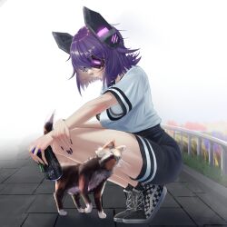Rule 34 | breasts, can, cat, checkered clothes, closed mouth, eyepatch, fang, full body, glowing, headgear, highres, holding, holding can, kantai collection, medium breasts, medium hair, monster energy, nail polish, purple hair, shoes, short sleeves, shorts, skin fang, smile, tenryuu (kancolle), tenryuu kai ni (kancolle), timq, yellow eyes