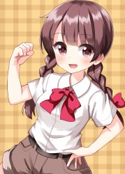 Rule 34 | 1girl, :d, blunt bangs, bow, bowtie, braid, brown eyes, brown hair, brown shorts, collared shirt, hair bow, hand on own hip, highres, long hair, looking at viewer, open mouth, plaid, plaid background, red bow, red bowtie, rika (touhou), ruu (tksymkw), shirt, short sleeves, shorts, smile, solo, touhou, touhou (pc-98), twin braids, yellow background