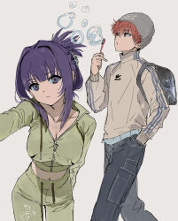 Rule 34 | 1boy, 1girl, absurdres, adidas, alternate costume, alternate hairstyle, backpack, bag, beanie, black bag, black pants, breasts, blowing bubbles, bubble wand, cleavage, contemporary, cropped jacket, dohyo123123, drawstring, expressionless, fern (sousou no frieren), green jacket, green shirt, grey headwear, hair up, hand up, hat, highres, hood, hooded jacket, jacket, leaning forward, long sleeves, looking at viewer, medium breasts, midriff, navel, outstretched arm, pants, puckered lips, purple eyes, purple hair, red hair, shirt, short hair, simple background, soap bubbles, sousou no frieren, standing, stark (sousou no frieren), track pants, white background