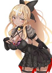 Rule 34 | 1girl, absurdres, black dress, black skirt, blonde hair, breasts, cleavage, closed mouth, collarbone, dark-skinned female, dark elf, dark skin, dress, elf, hair ornament, hair ribbon, halloween, halloween costume, hand on breasts, head tilt, highres, hololive, hololive fantasy, kokechan, lace, lace skirt, lace sleeves, large breasts, lips, looking at viewer, medium hair, nail polish, orange nails, pointy ears, ponytail, ribbon, see-through, shadow, shiny skin, shiranui flare, short sleeves, skirt, smile, solo, virtual youtuber, yellow eyes