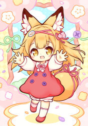 Rule 34 | 1girl, :d, aikei ake, animal ear fluff, animal ears, blonde hair, bloomers, blue sky, blush, brown eyes, chibi, cloud, collared shirt, commentary request, commission, day, dress, fox ears, fox girl, fox tail, full body, long hair, long sleeves, open mouth, original, outstretched arms, petals, puffy long sleeves, puffy sleeves, red dress, red footwear, shirt, shoes, skeb commission, sky, sleeveless, sleeveless dress, smile, socks, solo, standing, standing on one leg, star (symbol), tail, underwear, very long hair, white bloomers, white socks