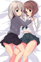 Rule 34 | 10s, 2girls, bed sheet, black neckerchief, black skirt, blouse, blue eyes, brown eyes, brown hair, closed mouth, commentary, cuddling, dress shirt, from above, frown, girls und panzer, green skirt, grey shirt, hand in another&#039;s hair, holding hands, itsumi erika, kuromorimine school uniform, legs, long hair, long sleeves, looking at another, looking at viewer, looking back, lying, midriff, miniskirt, multiple girls, navel, neckerchief, nishizumi miho, on bed, on side, ooarai school uniform, open mouth, pleated skirt, school uniform, serafuku, shirt, short hair, silver hair, skirt, smile, tom q (tomtoq), white shirt, yuri