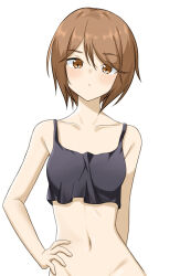 Rule 34 | 1girl, bare shoulders, black tank top, blush, bottomless, breasts, brown eyes, brown hair, closed mouth, collarbone, commentary, crop top, crop top overhang, groin, hair between eyes, hand on own hip, head tilt, kinuhata saiai, kuronoya50, light blush, looking at viewer, midriff, navel, no bra, no panties, out-of-frame censoring, pursed lips, short hair, simple background, small breasts, solo, standing, tank top, toaru majutsu no index, toaru majutsu no index: old testament, upper body, very short hair, white background