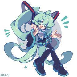 Rule 34 | 1girl, :d, aqua eyes, aqua hair, aqua necktie, black footwear, black skirt, black sleeves, black thighhighs, circle, collared shirt, dated, detached sleeves, grey shirt, hair ornament, hand up, hatsune miku, highres, long hair, looking at viewer, miniskirt, necktie, notice lines, open hands, open mouth, pleated skirt, shirt, skirt, sleeveless, sleeveless shirt, smile, solo, thighhighs, twintails, very long hair, vocaloid, white background, xianyudian laoban