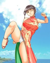 Rule 34 | 1girl, breasts, cameltoe, china dress, chinese clothes, covered erect nipples, dead or alive, dress, high heels, iruma kamiri, large breasts, leg lift, lei fang, martial arts, one eye closed, outdoors, panties, pantyshot, shoes, smile, solo, standing, standing on one leg, tagme, tecmo, underwear, wink