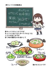 Rule 34 | 1girl, :&gt;, black socks, bowl, breasts, brown hair, cosplay, epaulettes, food, gloves, highres, kantai collection, kashima (kancolle), kashima (kancolle) (cosplay), kneehighs, long hair, long sleeves, military, military uniform, ooi (kancolle), plate, pleated skirt, pot, red neckwear, seiran (mousouchiku), simple background, skirt, smile, socks, solo, uniform, white background, white gloves