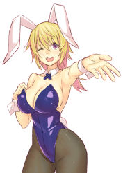 Rule 34 | 10s, 1girl, ;d, animal ears, armpits, bare shoulders, black pantyhose, blonde hair, breasts, charlotte dunois, cleavage, clenched hand, covered erect nipples, cowboy shot, detached collar, fake animal ears, fake tail, female focus, foreshortening, hair between eyes, highleg, highleg leotard, hip focus, infinite stratos, kemonomimi mode, large breasts, leotard, long hair, looking at viewer, one eye closed, open mouth, outstretched hand, pantyhose, playboy bunny, ponytail, purple eyes, rabbit ears, rabbit tail, sideboob, simple background, smile, solo, strapless, tail, white background, wrist cuffs, yuuji (and)