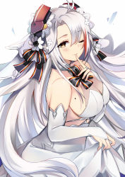 Rule 34 | 1girl, antenna hair, azur lane, bare shoulders, blush, breasts, bridal gauntlets, bridal veil, brown eyes, choker, clothes lift, cowboy shot, dress, dress lift, finger to mouth, glint, gloves, hair between eyes, large breasts, lifting own clothes, long hair, looking at viewer, mole, mole on breast, multicolored hair, one eye closed, parted lips, prinz eugen (azur lane), prinz eugen (symphonic fate) (azur lane), red hair, ribbon, ry thae, shushing, silver hair, simple background, smile, solo, strapless, strapless dress, streaked hair, two side up, veil, very long hair, wedding dress, white background, white dress, white gloves