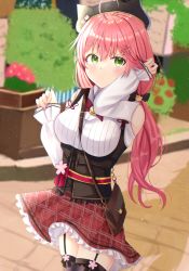 1girl, ahoge, arms up, bag, between breasts, black headwear, black legwear, blurry, blurry background, breasts, brick road, cowboy shot, day, expressionless, eyebrows visible through hair, fingernails, garter straps, green eyes, hair between eyes, hair ornament, hairclip, hand in hair, handbag, hat, hat with ears, hedge (plant), highres, hololive, large breasts, light particles, long hair, long sleeves, looking at viewer, low twintails, nibosi, official alternate costume, outdoors, petticoat, pink hair, plaid, plaid skirt, plant, potted plant, raglan sleeves, red skirt, sakura miko, shirt, skirt, sleeves past wrists, solo, strap between breasts, thighhighs, twintails, underbust, virtual youtuber, white shirt, wind, wind lift, zettai ryouiki