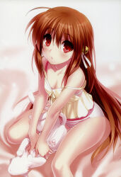 Rule 34 | 1girl, absurdres, ahoge, bare arms, bed sheet, bell, blush, breasts, brown hair, camisole, cat, cleavage, collarbone, feet out of frame, hair bell, hair down, hair ornament, hair ribbon, highres, jingle bell, lennon, lips, little busters!, long hair, looking at viewer, loungewear, natsume rin, off shoulder, panties, parted lips, petting, pink background, red eyes, ribbon, scan, shiny skin, sidelocks, simple background, sitting, small breasts, solo, strap slip, striped clothes, striped panties, underwear, v arms, very long hair, wariza, white cat, white ribbon, yellow camisole, zen (kamuro)