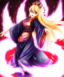 Rule 34 | &gt;:o, 1girl, :o, black dress, blonde hair, chinese clothes, crescent, dress, energy, fox tail, hat, junko (touhou), jyakariko, long hair, long sleeves, looking at viewer, multiple tails, outstretched arms, red eyes, sash, solo, spread arms, tabard, tail, touhou, v-shaped eyebrows, wide sleeves