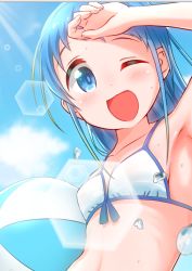 Rule 34 | 1girl, alternate costume, armpits, ball, bikini, bikini top only, blue eyes, blue hair, blush, breasts, cloud, cloudy sky, collarbone, commentary, day, hand on forehead, holding, holding ball, kantai collection, light rays, one eye closed, open mouth, outdoors, samidare (kancolle), sidelocks, sky, small breasts, smile, solo, swept bangs, swimsuit, upper body, white bikini, yokoshima (euphoria)