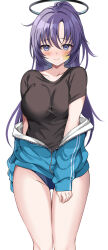 Rule 34 | 1girl, black shirt, blue archive, blue buruma, blue jacket, blush, breasts, buruma, collarbone, gluteal fold, gym uniform, halo, harimoji, highres, jacket, large breasts, long hair, looking at viewer, official alternate costume, ponytail, purple eyes, purple hair, shirt, short sleeves, simple background, solo, sticker on face, sweat, thigh gap, track jacket, white background, yuuka (blue archive), yuuka (track) (blue archive)