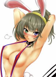 Rule 34 | 1girl, absurdres, alternate hairstyle, animal ears, armpits, arms behind head, arms up, bad id, bad pixiv id, blue eyes, blush, breasts, brown hair, closed mouth, collar, fake animal ears, from side, fume, green eyes, heterochromia, highres, idolmaster, idolmaster cinderella girls, looking at viewer, medium breasts, mole, mole under eye, nakano maru, navel, ponytail, rabbit ears, slingshot swimsuit, solo, spiked collar, spikes, swimsuit, takagaki kaede, upper body, white background