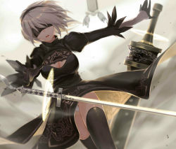 Rule 34 | 1girl, bad id, bad pixiv id, black dress, black gloves, black thighhighs, blindfold, blurry, center opening, cleavage cutout, clothing cutout, depth of field, dress, dutch angle, gloves, hairband, hana mori, leotard, mole, mole under mouth, nier (series), nier:automata, open mouth, outstretched arm, panties, pantyshot, pod (nier:automata), short hair, silver hair, solo, standing, sword, teeth, thighhighs, two-sided fabric, two-sided skirt, underwear, weapon, white leotard, white panties, 2b (nier:automata)