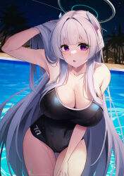 Rule 34 | absurdres, arm up, bare arms, black one-piece swimsuit, blue archive, blunt bangs, breasts, cleavage, collarbone, competition school swimsuit, covered navel, evening, gluteal fold, gradient sky, grey hair, halo, hand in own hair, hand on own thigh, hidel, highres, large breasts, long hair, looking at viewer, mechanical halo, noa (blue archive), one-piece swimsuit, outdoors, palm tree, pool, poolside, purple eyes, school swimsuit, sidelocks, sky, star (sky), swimsuit, thigh gap, tree, very long hair, wet