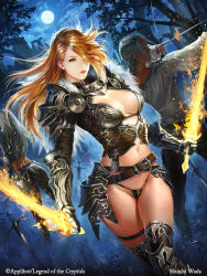Rule 34 | 3girls, armor, arrow (projectile), ass, belt, bikini armor, bow (weapon), braid, breasts, brown eyes, brown hair, cleavage, dual wielding, flaming sword, flaming weapon, full moon, gauntlets, hair over one eye, holding, legend of the cryptids, lips, long hair, midriff, moon, multiple girls, navel, night, panties, shoulder armor, shuichi wada, silver hair, solo focus, sword, thighhighs, underwear, weapon