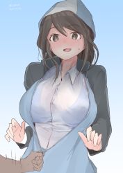 Rule 34 | 1girl, absurdres, assisted exposure, blue background, blue bra, blue headwear, blue jacket, blush, bra, bra visible through clothes, breasts, brown eyes, brown hair, commentary, dated, dress shirt, girls und panzer, gradient background, hat, highres, irukatto, jacket, keizoku military uniform, large breasts, long sleeves, looking at viewer, medium hair, mika (girls und panzer), military, military uniform, motion blur, open mouth, out of frame, raglan sleeves, see-through, shirt, smile, sweatdrop, track jacket, twitter username, underwear, uniform, unzipped, upper body, white shirt, wing collar, zipper