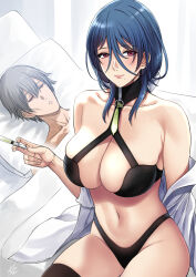 Rule 34 | 1boy, 1girl, bed, black bra, black thighhighs, blue hair, blush, bra, breasts, caelus (honkai: star rail), cleavage, closed eyes, closed mouth, collarbone, commentary, cowboy shot, english commentary, grey hair, guy tired after sex (meme), hair between eyes, highres, holding, holding syringe, honkai: star rail, honkai (series), indoors, lab coat, large breasts, lips, looking at viewer, lying, medium hair, meme, mole, mole under mouth, natasha (honkai: star rail), navel, on back, pillow, red eyes, signature, single thighhigh, sitting, sleeping, syringe, thighhighs, trailblazer (honkai: star rail), underwear, xter
