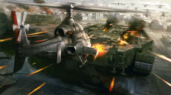 Rule 34 | aerial battle, ah-1 cobra, aircraft, army, battle, building, bunker, burning, cannon, caterpillar tracks, damaged, epic, firing, fleet, flying, gameplay mechanics, helicopter, landship, military, military vehicle, missile, motion blur, motor vehicle, no humans, noba, realistic, rocket launcher, smoke, tank, tiger heli, tower, turret, twin cobra, weapon