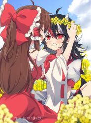 Rule 34 | 2girls, :d, absurdres, black hair, blush, bow, breasts, brown hair, chest sarashi, cloud, cloudy sky, commentary request, dyed bangs, flower, frilled bow, frilled hair tubes, frills, hair bow, hair tubes, hakama, hakurei reimu, happy, head wreath, highres, holding, horns, japanese clothes, kijin seija, long hair, looking at another, medium breasts, multicolored hair, multiple girls, natsu (tohotiara), open mouth, red bow, red eyes, red hair, red hakama, red skirt, sarashi, shirt, short sleeves, sidelocks, sitting, skirt, sky, sleeveless, sleeveless shirt, smile, streaked hair, sweat, touhou, v-shaped eyebrows, white hair, yellow flower