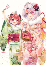 Rule 34 | 2girls, alternate costume, animal, animal on head, arm up, commentary request, dango remi, fang, flower, hair flower, hair ornament, hairclip, hamster, happy new year, highres, japanese clothes, kimono, long hair, looking at viewer, mole, mole under eye, multiple girls, nengajou, new year, nijisanji, on head, open mouth, petals, pink eyes, pink hair, sasaki saku, shiina yuika, simple background, virtual youtuber, white background