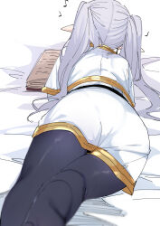Rule 34 | 1girl, absurdres, bed sheet, black pants, book, capelet, elf, frieren, from behind, grey hair, highres, long hair, lying, musical note, on stomach, pants, pointy ears, skirt, solo, sousou no frieren, twintails, utsusumi kio, white capelet, white skirt