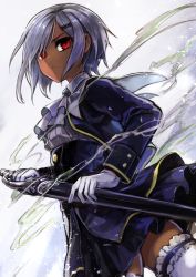 Rule 34 | 1girl, absurdres, character request, closed mouth, dark-skinned female, dark skin, frilled thighhighs, frills, gloves, hair ornament, hairclip, highres, holding, holding sheath, holding sword, holding weapon, huge filesize, komota (kanyou shoujo), original, red eyes, scabbard, sheath, short hair, silver hair, solo, steam, sword, thighhighs, weapon, white gloves, white thighhighs