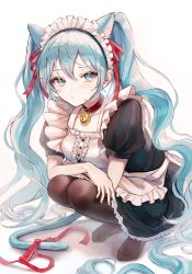 Rule 34 | 1girl, absurdres, animal ears, apron, bell, black dress, black pantyhose, blue eyes, blue hair, blush, cat day, cat ears, cat girl, cat tail, closed mouth, collar, commentary, dress, frilled apron, frills, hair ribbon, hatsune miku, highres, long hair, looking at viewer, maid, maid apron, maid headdress, neck bell, no shoes, pantyhose, pipi, puffy short sleeves, puffy sleeves, red ribbon, ribbon, short sleeves, simple background, solo, squatting, tail, tail ornament, tail ribbon, thighhighs, tsundere, twintails, vocaloid, white apron, white background