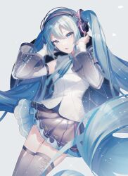 Rule 34 | 1girl, aono 99, black skirt, black thighhighs, blue eyes, blue hair, blue neckerchief, blush, constellation, cowboy shot, detached sleeves, dutch angle, floating hair, grey background, hair between eyes, hair ornament, hatsune miku, head tilt, headphones, highres, listening to music, long hair, looking at viewer, neckerchief, open mouth, pleated skirt, shirt, simple background, skirt, sleeveless, sleeveless shirt, solo, sparkle, thighhighs, twintails, very long hair, vocaloid, white shirt, zettai ryouiki